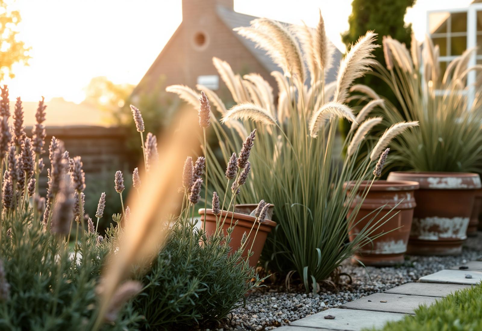 Een sereine tuin met lavendel, siergrassen en terracotta potten in zacht ochtendlicht